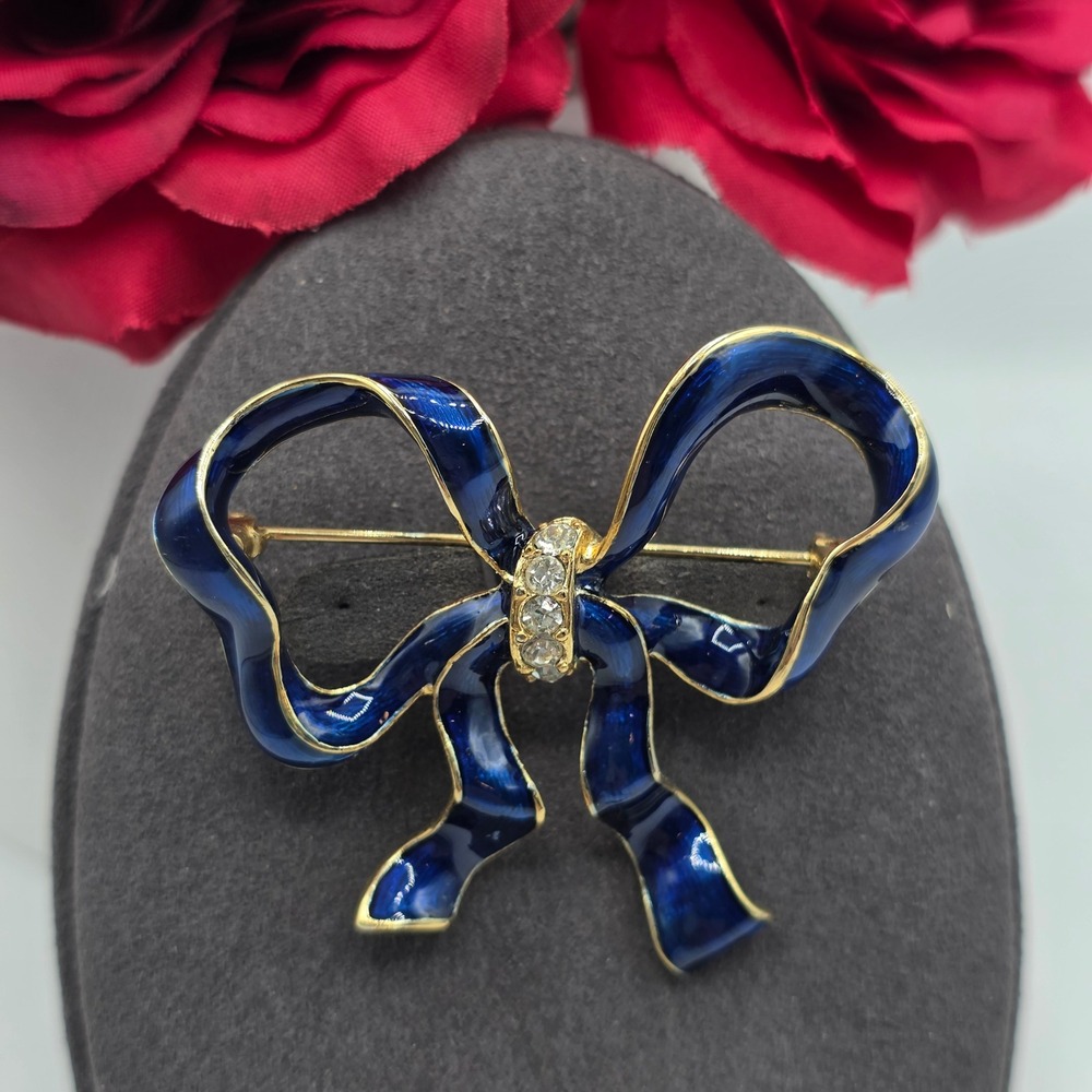Vintage Blue Enamel Bow Brooch Gold Tone Rhinestone Ribbon Pin‎ Retro Glam Sweet